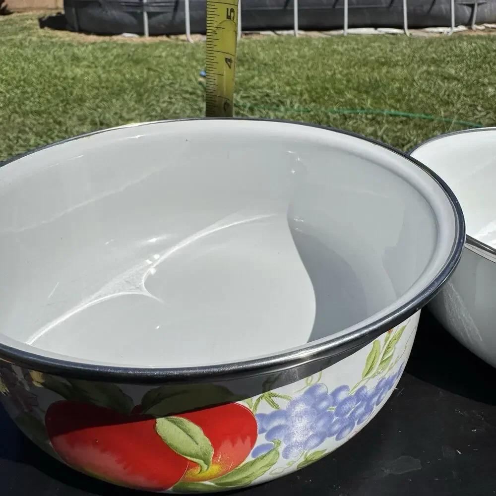 Vintage Apples Grapes Enamelware Nesting Bowl Set 3 White Metal Farmhouse Decor